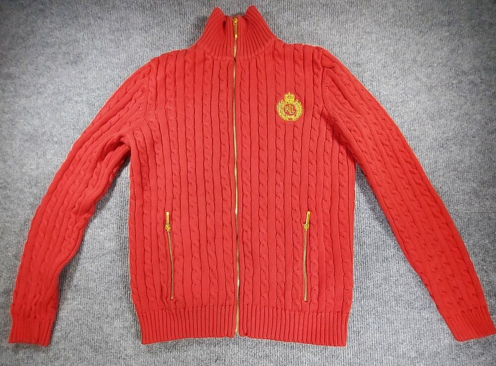 Lauren Ralph Lauren Women's Red Cable Knit Full Zip Sweater Gold Crown Crest Med
